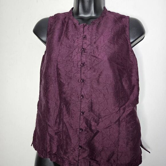 Eileen Fisher 100% Silk Crinkle Blouse Size XS Button Up Sleeveless Purple Top - Picture 3 of 7